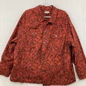 Denim & Co. size 3X Red Brown Abstract Boho Denim Jacket Festival Casual